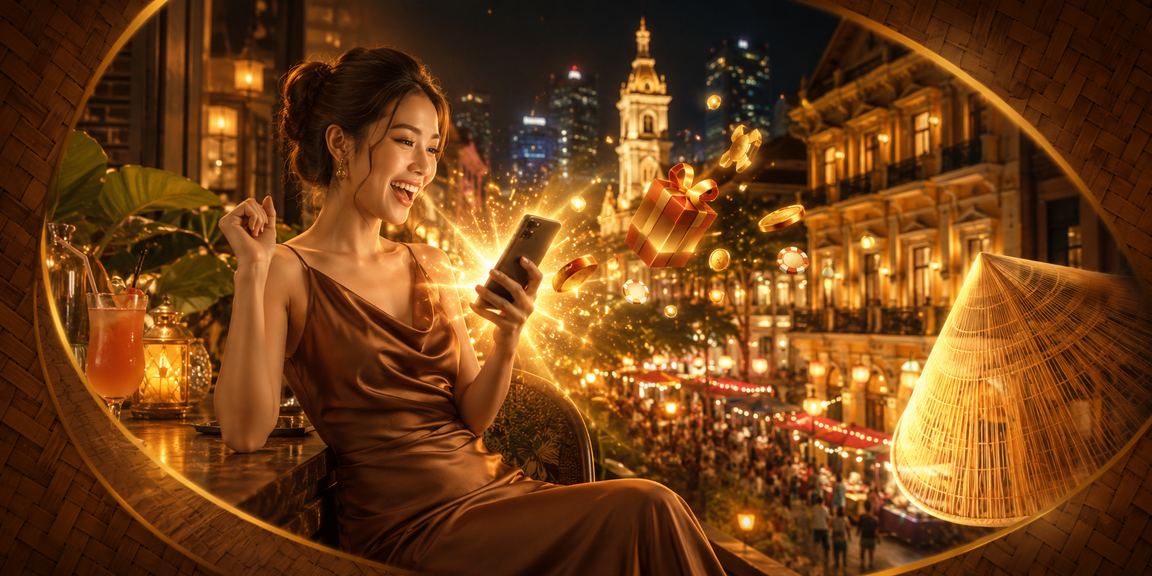 Người dùng TP.HCM đội nón lá sử dụng điện thoại để nạp tiền và tham gia casino trực tuyến