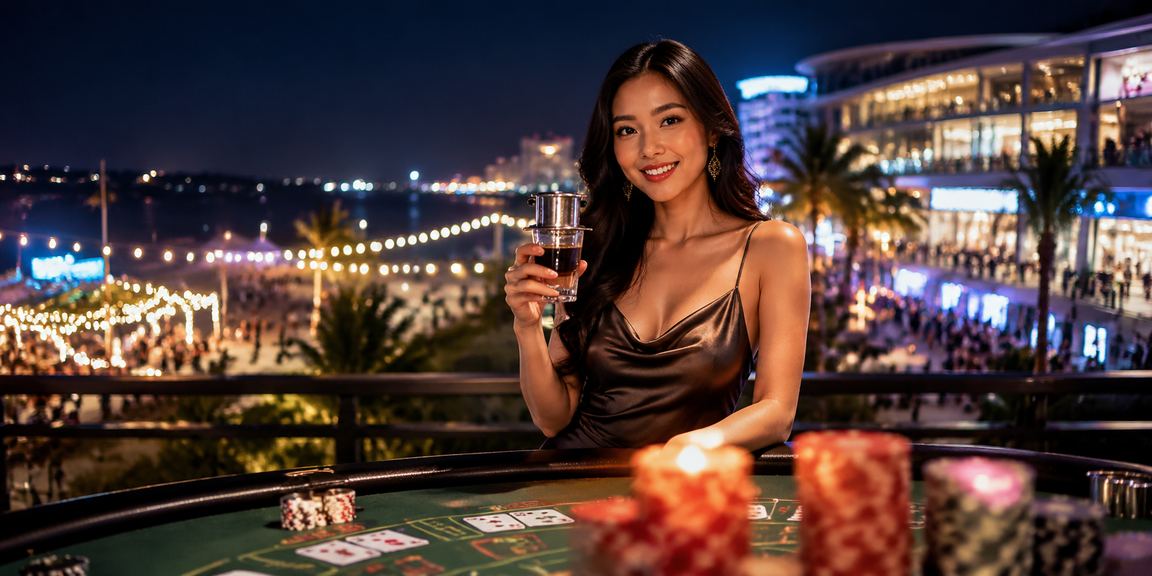 Người chơi baccarat tại Phú Quốc thư giãn với cà phê và điện thoại, trải nghiệm live casino trực tuyến